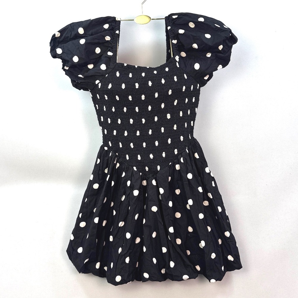 Miss Selfridge Black White Polka Dot Smocked Puff Sleeve Bubble Hem Mini Dress 4
